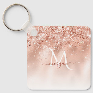 Glitzer Peach Rose Gold Monogramm Schlüsselanhänger