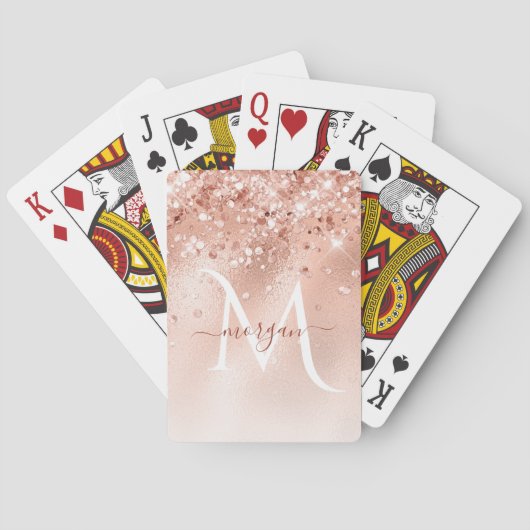 Glitzer Peach Rose Gold Monogramm Spielkarten (Rückseite)