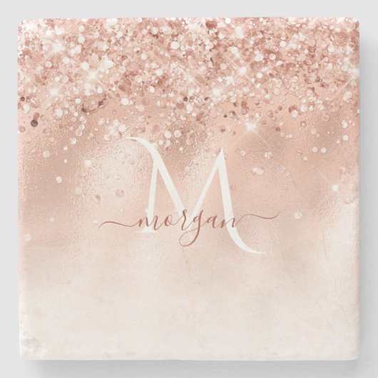 Glitzer Peach Rose Gold Monogramm Steinuntersetzer (Vorderseite)