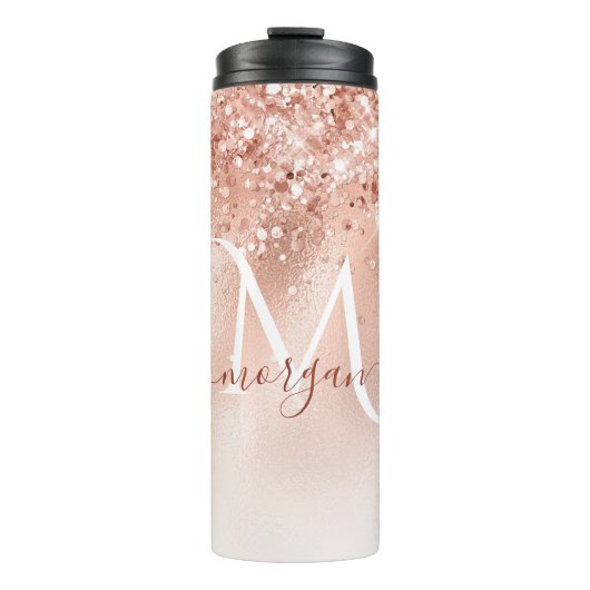 Glitzer Peach Rose Gold Monogramm Thermosbecher (Vorderseite)