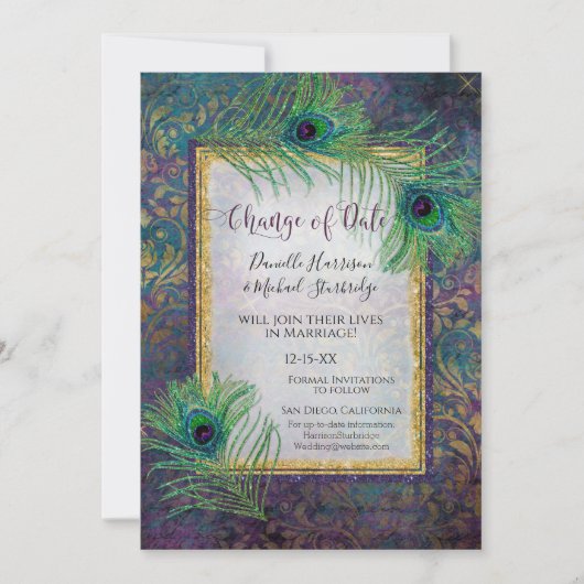 Glitzer Peacock Feather Lila Foto Datum Änderung Save The Date (Vorderseite)