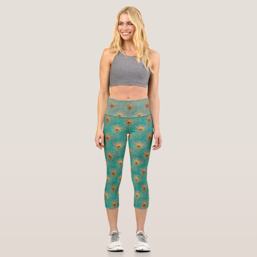 Glitzer Peacock Feathers Pattern Capri Leggings (Vorderseite)