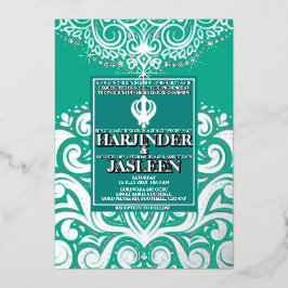 Glitzer Peacock Silver Sikh Anand Karaj Wedding Folieneinladung
