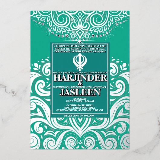 Glitzer Peacock Silver Sikh Anand Karaj Wedding Folieneinladung (Vorderseite)