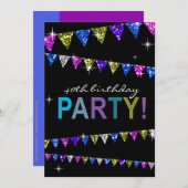 Glitzer Pennant Flags 40. Geburtstagsfeier Einladung (Vorne/Hinten)