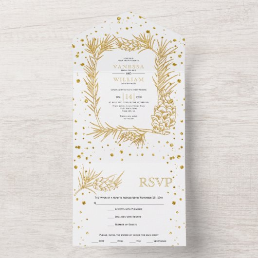 Glitzer-Pine und Konfetti-Winterhochzeit All In One Einladung (Innen Boden)