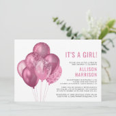Glitzer Pink Balloons Drive by Baby Girl Dusche Einladung (Stehend Vorderseite)