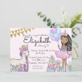 Glitzer Pink Birthday African American Unicorn Einladung (Stehend Vorderseite)