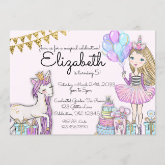 Glitzer Pink Birthday Blonde Girl Unicorn Einladung