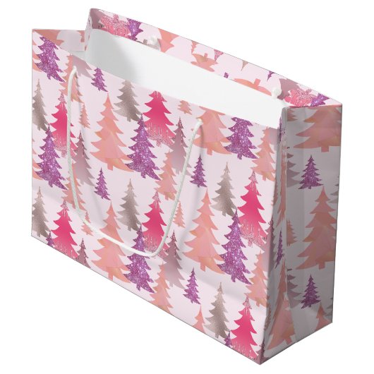 Glitzer Pink Blush Weihnachtsbaummuster Große Geschenktüte (Vorderseite Schrägansicht)