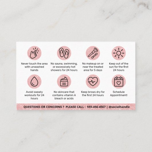 Glitzer Pink Brows Aftercare PMU Knochenanleitung Visitenkarte (Rückseite)
