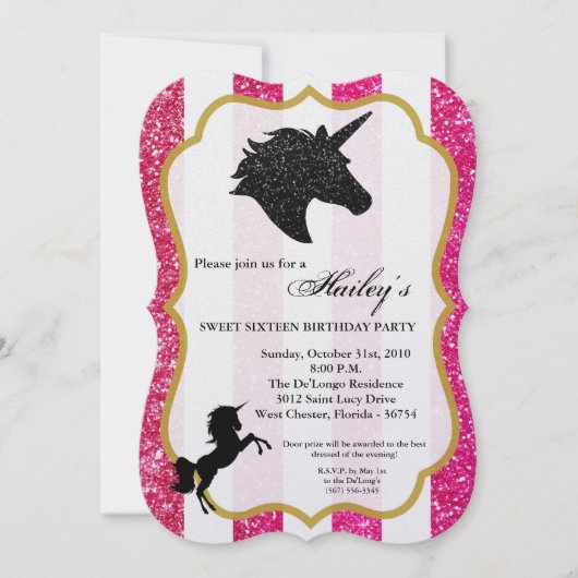 Glitzer Pink Einhorn Sweet 16 Geburtstag Einladung (Vorderseite)
