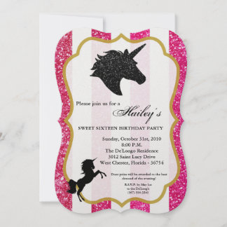 Glitzer Pink Einhorn Sweet 16 Geburtstag Einladung