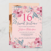 Glitzer Pink florale Aquarellschrift Sweet 16 Einladung (Vorne/Hinten)
