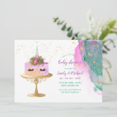 Glitzer Pink Gold Einhorn Cake BABY SHOWER Girl Einladung (Stehend Vorderseite)