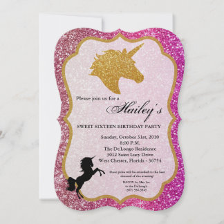 Glitzer Pink Gold Einhorn Sweet 16 Geburtstag Einl Einladung