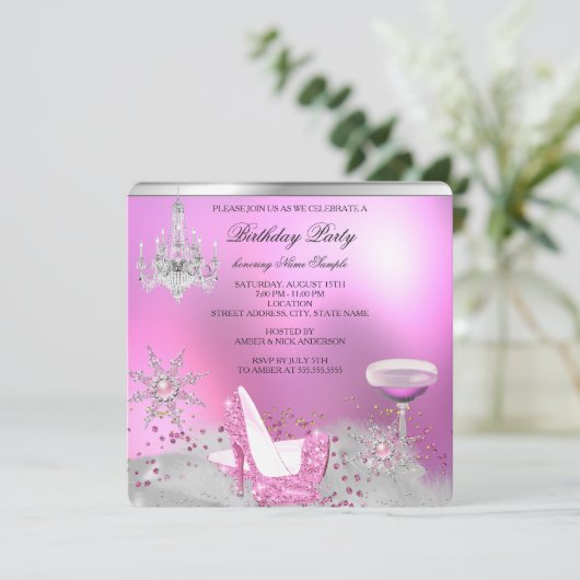 Glitzer Pink High Heel Schuhe Champagner Party 2 Einladung (Stehend Vorderseite)