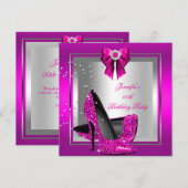 Glitzer Pink High Heel Shoe Silver Geburtstagspart Einladung (Vorne/Hinten)