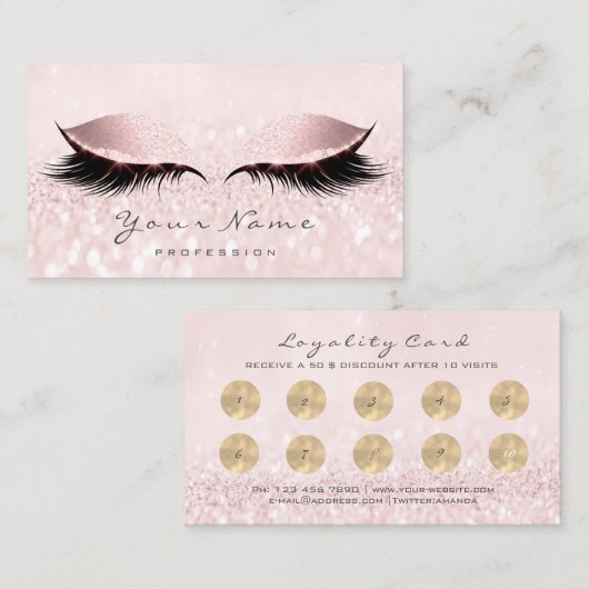 Glitzer Pink Loyalty Card Makeup Artist Lashes 10 Treuekarte (Vorne/Hinten)