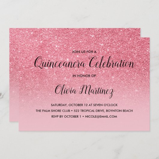 Glitzer Pink Ombre Quinceañera Einladung (Vorne/Hinten)