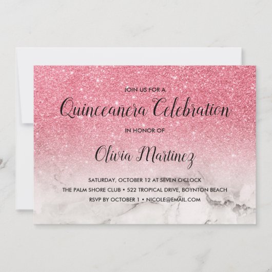 Glitzer Pink Ombre weißer Marmor Quinceañera Einladung (Vorderseite)