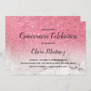 Glitzer Pink Ombre weißer Marmor Quinceañera Einladung