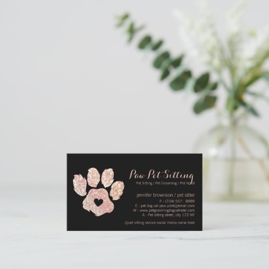 Glitzer Pink Pet Sitter Grooming Paw Visitenkarte (Stehend Vorderseite)