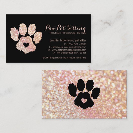 Glitzer Pink Pet Sitter Grooming Paw Visitenkarte (Vorne/Hinten)