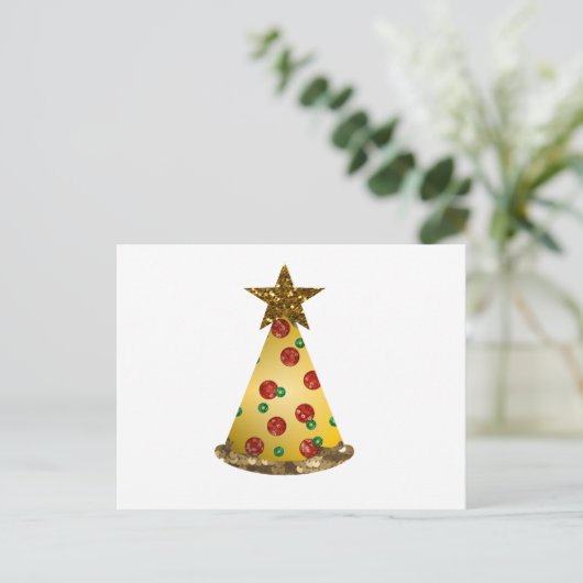 Glitzer Pizza Weihnachtsbaum Feiertagspostkarte (Stehend Vorderseite)
