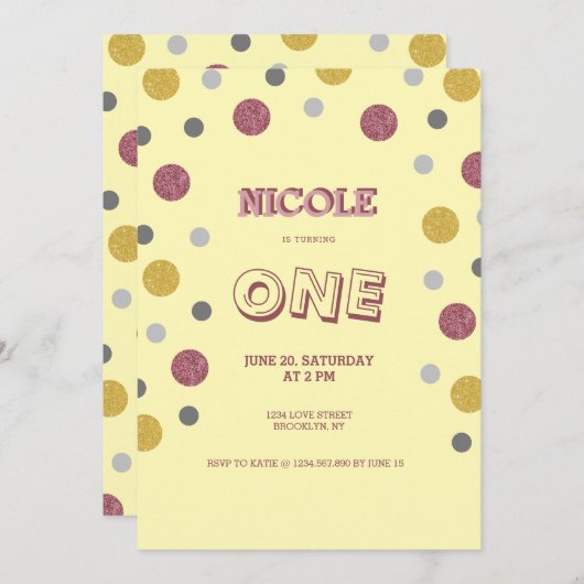 Glitzer Polka Dots 1. Geburtstag Einladung (Vorne/Hinten)