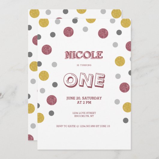 Glitzer Polka Dots 1. Geburtstag Einladung (Vorne/Hinten)