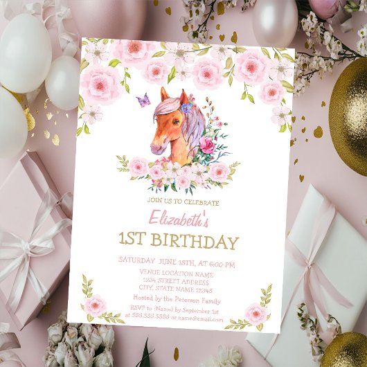 Glitzer Pony Floral Geburtstag Einladung