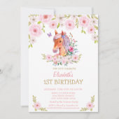 Glitzer Pony Floral Geburtstag Einladung (Vorderseite)