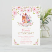 Glitzer Pony Floral Geburtstag Einladung (Stehend Vorderseite)