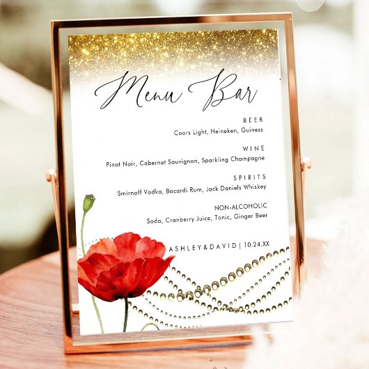 Glitzer Poppy Elegante Wedding Menu Bar Sign Poster