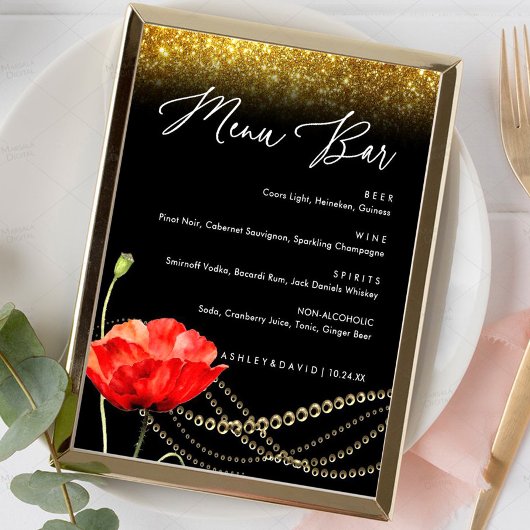 Glitzer Poppy Elegante Wedding Menu Bar Sign Poster