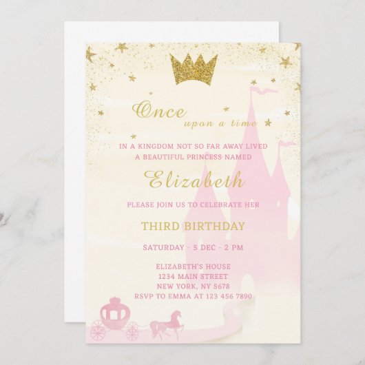 Glitzer Princess Einladung Geburtstag (Vorne/Hinten)