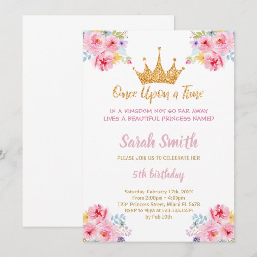 Glitzer Princess Einladung Geburtstag (Vorne/Hinten)