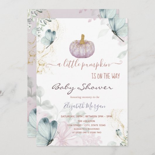 Glitzer Pumpkin Blue Butterflies Babydusche Einladung (Vorne/Hinten)