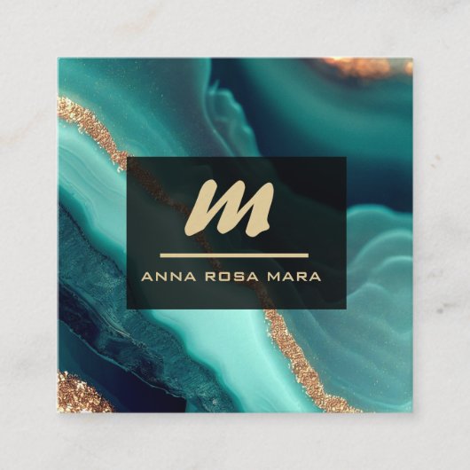*~* Glitzer QR Luxe Initial AP66 Türkis Gold Quadratische Visitenkarte (Vorderseite)