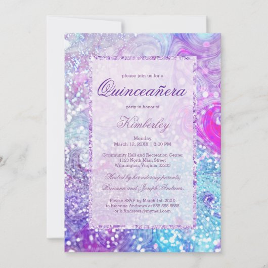 Glitzer Quinceañera, aquamariner Lavendel Einladung (Vorderseite)