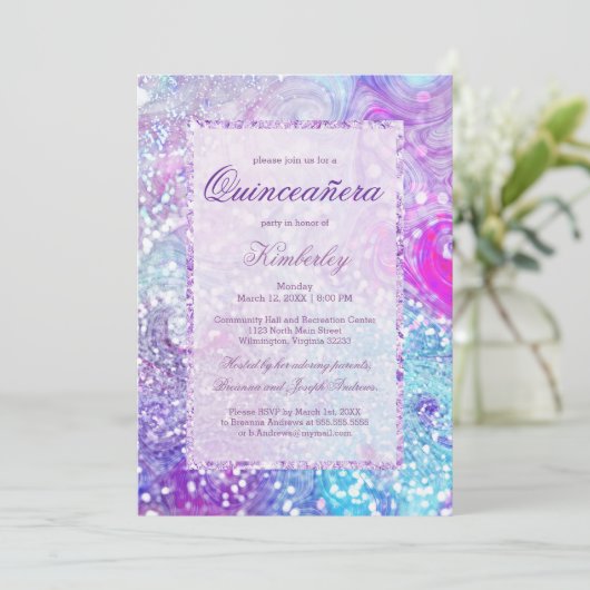Glitzer Quinceañera, aquamariner Lavendel Einladung (Stehend Vorderseite)