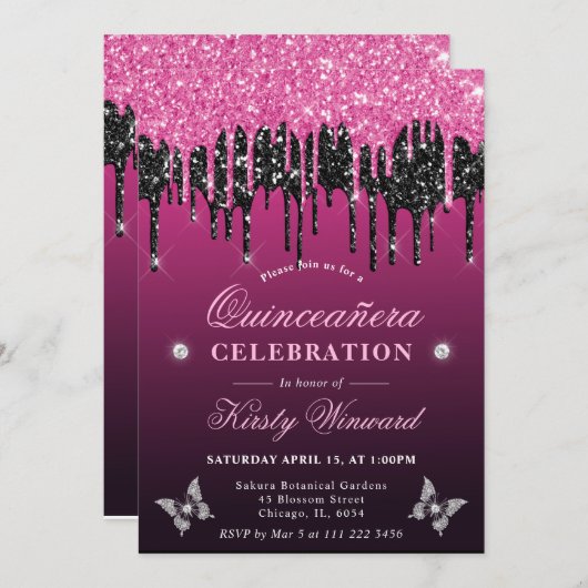 Glitzer Quinceanera (Hot Pink und Black Driving) Einladung (Vorne/Hinten)