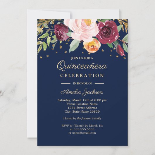 Glitzer Quinceanera, Navy Burgundy Einladung (Vorderseite)