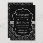 Glitzer Quinceanera, Schwarz und Silber Einladung (Vorne/Hinten)