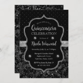 Glitzer Quinceanera, Schwarz und Silber Einladung (Vorne/Hinten)