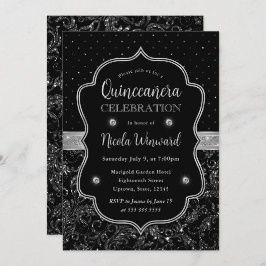 Glitzer Quinceanera, Schwarz und Silber Einladung (Vorne/Hinten)
