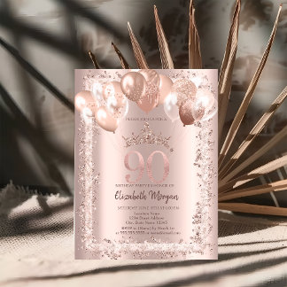 Glitzer Rahmen, Krone, Balloons 90. Geburtstag Einladung