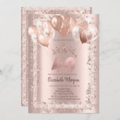 Glitzer Rahmen, Kronen, Balloons 40. Geburtstag Einladung (Vorne/Hinten)