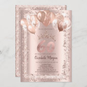 Glitzer Rahmen, Kronen, Balloons 60. Geburtstag Einladung (Vorne/Hinten)